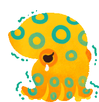 a cartoon drawing of a yellow octopus with green circles on it