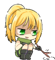 a girl with blonde hair and green eyes is sitting down holding a spear