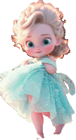 a little girl with blonde hair and blue eyes is wearing a light blue dress