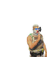 a soldier wearing sunglasses and a bandana is talking on a walkie talkie