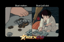 a picture of a person counting coins and a picture of a person counting money with agen 69 in the corner