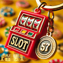 a red slot machine with a gold coin with the number 57