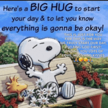 a picture of snoopy and woodstock sitting on a bench with a big hug