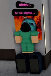 a person in a green shirt is standing in front of a poster that says ur so sigma bee