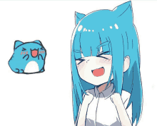 a drawing of a girl with blue hair and cat ears next to a drawing of a cat