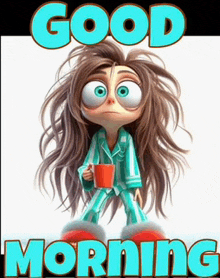 a cartoon girl in pajamas is holding a cup of coffee and says good morning .