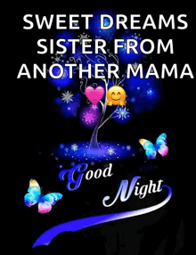 a sweet dreams sister from another mama good night poster with a tree and butterflies