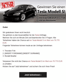 an advertisement for a tesla model s with a price tag of 78 770 eur