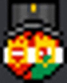 a pixel art of a shield with a crown and a flag on it .