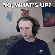 a man wearing headphones is looking at the camera with the words `` yo , what 's up ? ''