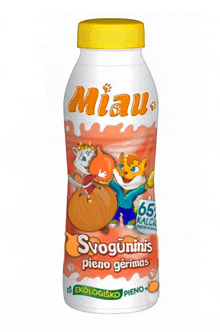 a bottle of miau svoguninis pieno gerimas with two cats on it