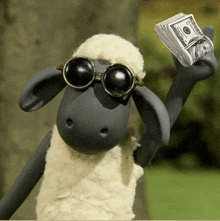 a cartoon sheep wearing sunglasses and holding a stack of 100 dollar bills