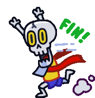 a cartoon drawing of a skeleton running with the word fin written below him