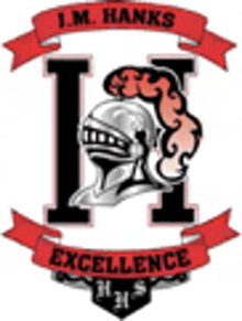 a logo for i.m. hanks high school with a knight 's helmet and a red ribbon .