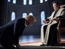 a man in a suit is kneeling down in front of a priest in a robe