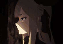 a girl with long hair and red eyes is standing in the dark