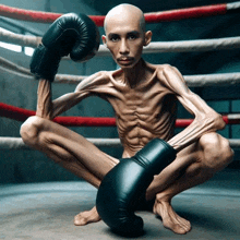 a very thin man wearing boxing gloves squatting in a ring