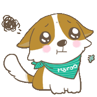 a cartoon drawing of a brown and white dog with the name maroo on his bandana