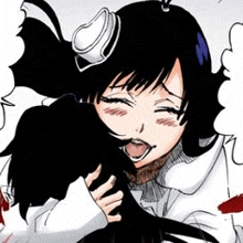 a bleach character is holding another character in her arms while wearing headphones .