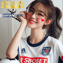 a girl wearing a soccer jersey that says sbobet