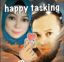 a picture of a man and a woman with the words happy tasking