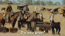 a woman playing a piano in front of a herd of cows with the words do you play below her