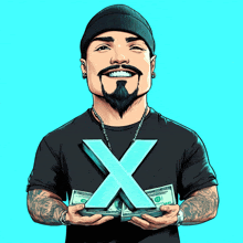 a man with a beard is holding a stack of money with the letter x on it