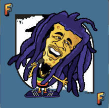 a cartoon drawing of bob marley with purple hair