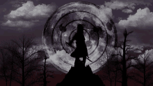 a silhouette of a person with a sword in front of a full moon