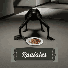 a monster is crawling on the floor next to a plate of ravioles