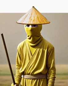 a person wearing a yellow costume and a conical hat