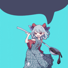 a cartoon of a girl holding a ladle with a speech bubble above her