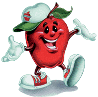 a cartoon apple wearing a hat and sneakers