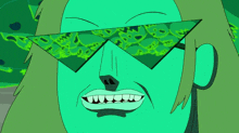 a cartoon character is wearing a pair of green sunglasses with skulls on them