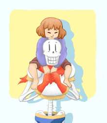 a drawing of a girl sitting on a skeleton 's back