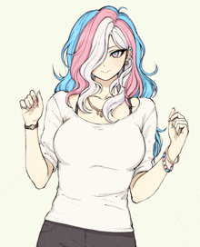 a drawing of a girl with pink and blue hair wearing a white shirt