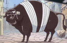 a bull with a bandage on its belly is standing on a sidewalk