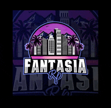 a logo for fantasia rp shows a city with palm trees and mountains