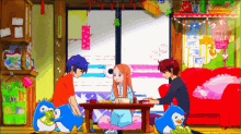 a group of cartoon characters are sitting around a table with penguins