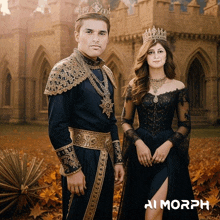 a man and a woman in medieval costumes are standing in front of a castle with aimorph written on the bottom right