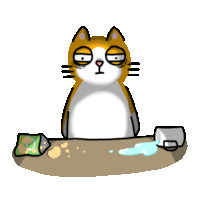 a cartoon of a cat sitting at a table with a bucket of water