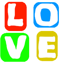 the word love is displayed in four different colored squares