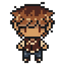 a pixel art of a person with brown hair and blue jeans