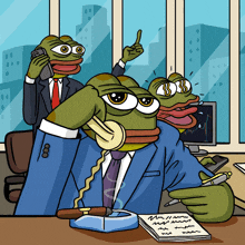 a cartoon of three frogs in suits talking on a phone