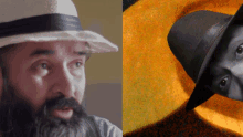 a man with a beard wearing a hat next to a picture of a man wearing a hat