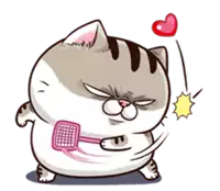 a cartoon cat is holding a pink racket and a heart is flying in the air