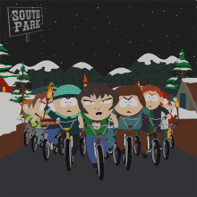 a group of cartoon characters are riding bikes in south park