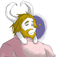 a drawing of a man with horns and a beard wearing a pink sweater that says ' for dad ' on it