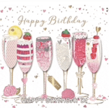 a birthday card with a row of champagne glasses