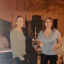 two women dancing in front of a speaker that says mk